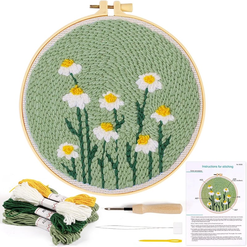KESTAR Punch Needle Embroidery Starter Kits, Daisy Flower Punch Needle Kits for Adults Beginner, Needle Punch Kit Tool with Instruction Threader Fabric Yarns and Hoop - Image 1